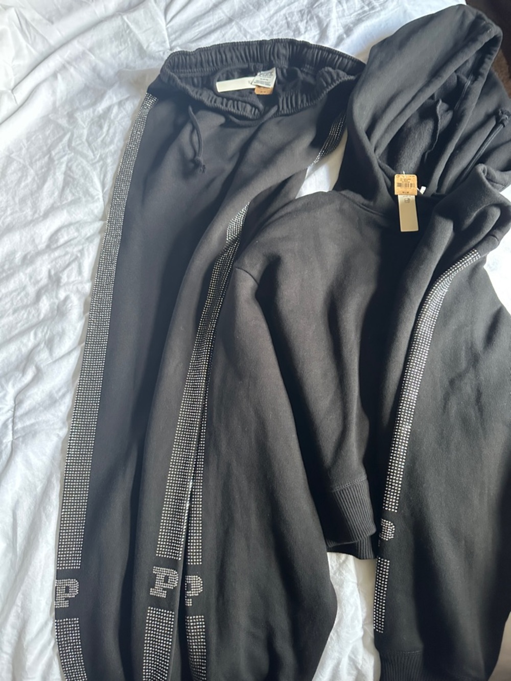 PINK Victoria's Secret Black Rhinestone-Trim Hoodie & Joggers Set